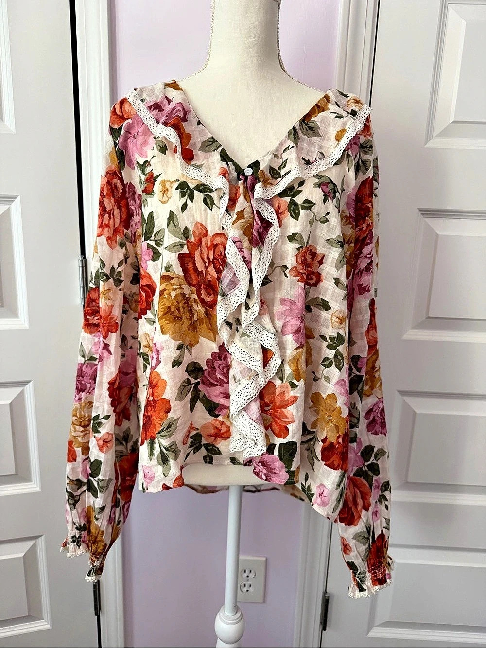 MUMU Oversized Cropped Floral Ruffle Blouse in Pink & White Like New